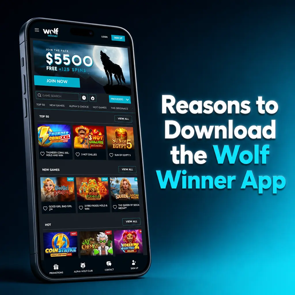 Wolf Winner mobile app screens showing lobby, bet slip, and cashier