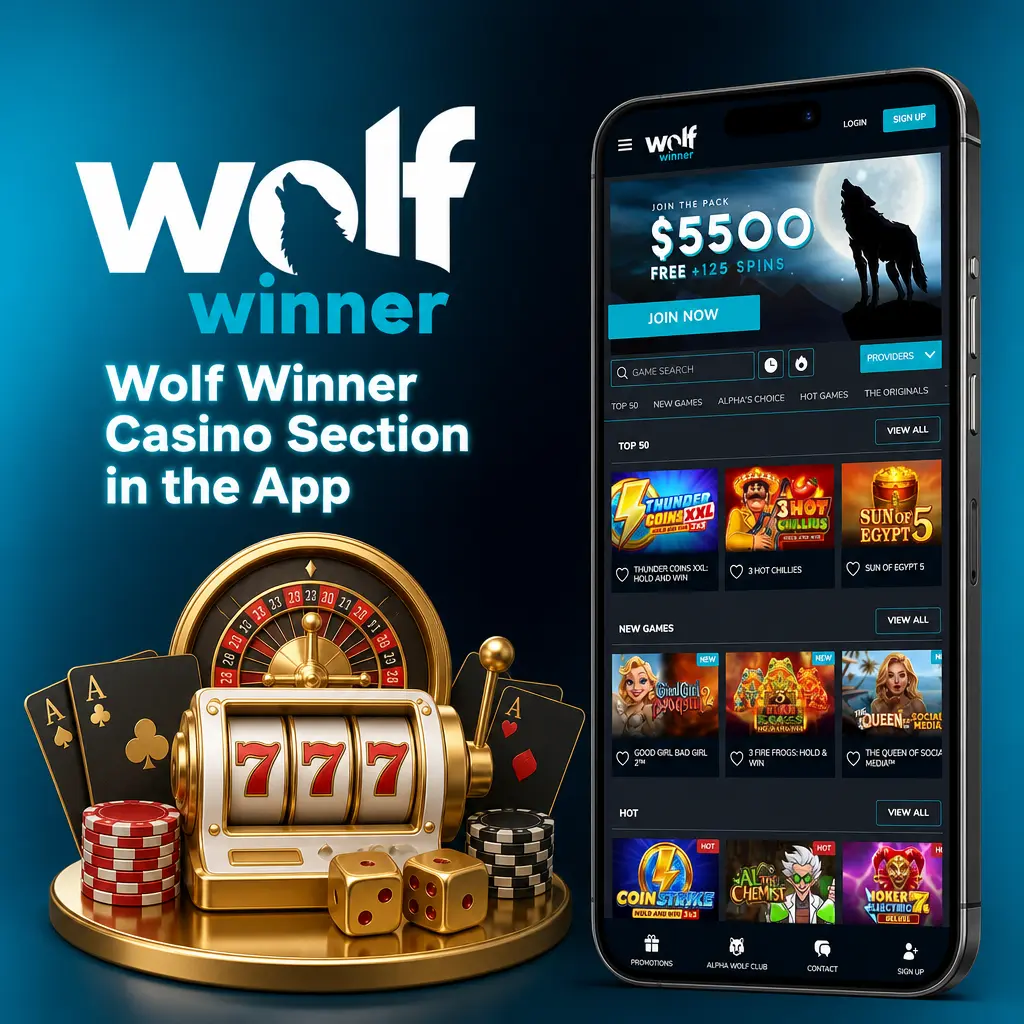 Wolf Winner Casino section categories in the app